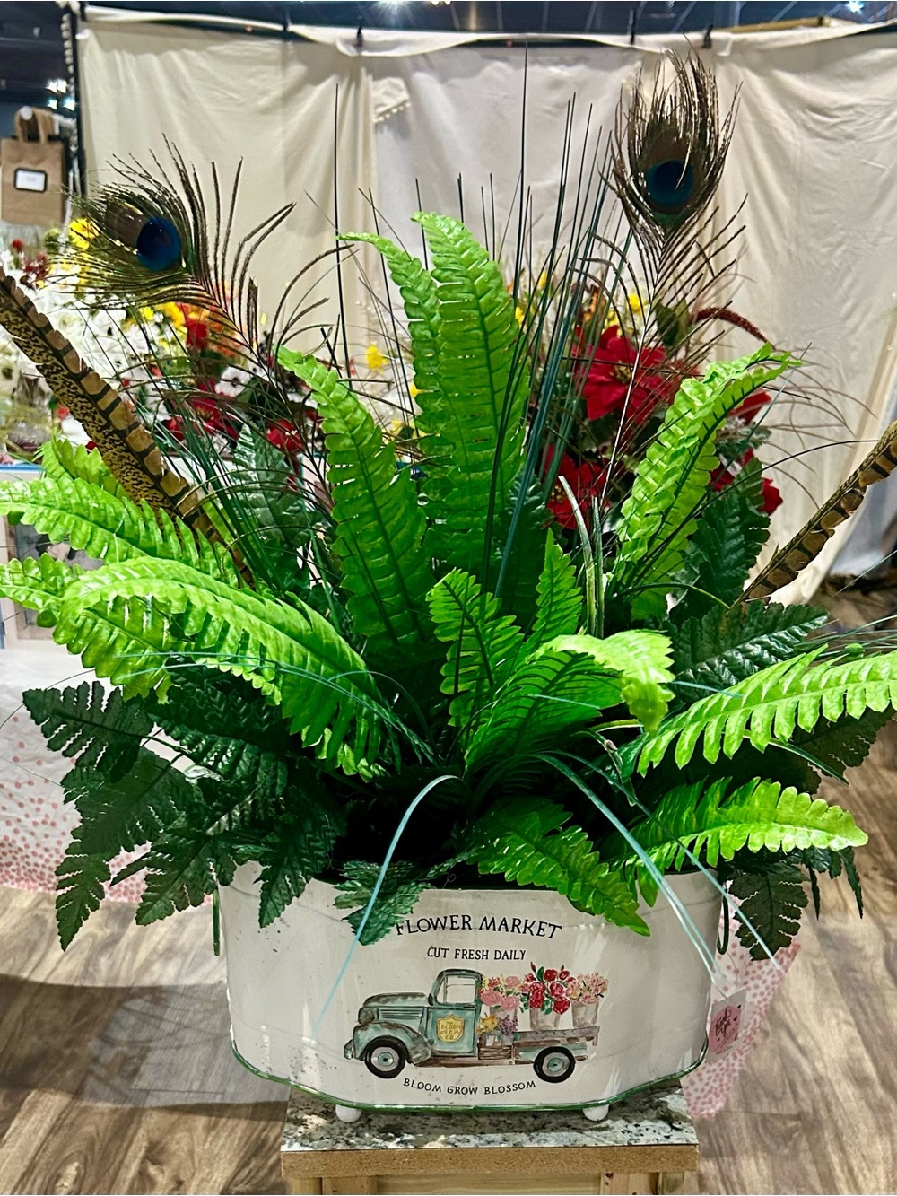 Flower Market Faux Fern Arrangement in White Tin Planter